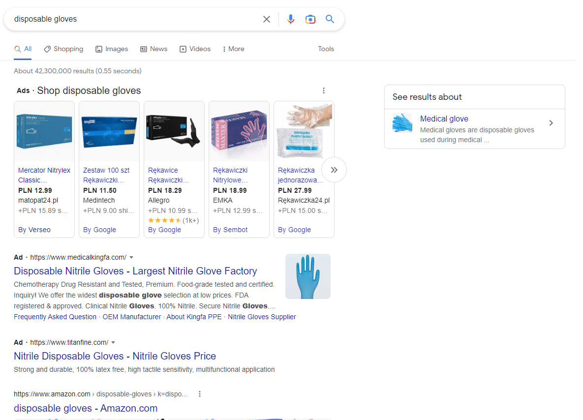 Google search screen - disposable gloves